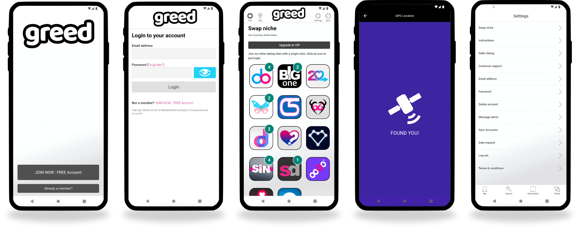 greed dating mobile interface